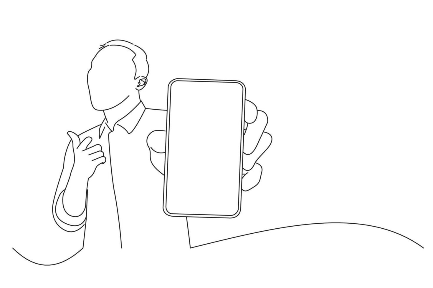 Drawing of excited businessman holding big smartphone with white blank screen in hand and pointing at device. One line art vector