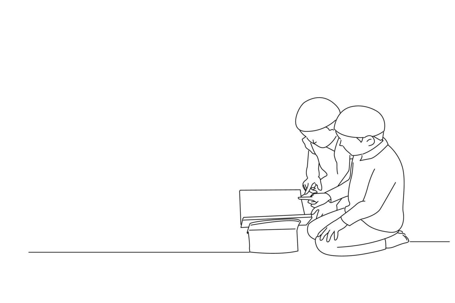 Illustration of two little boys in the mosque read the Quran. Outline drawing style art vector