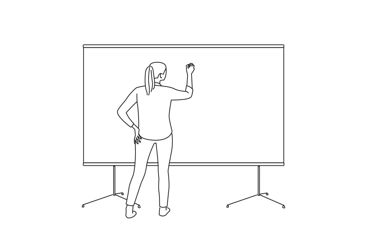 Drawing of young woman writing on a whiteboard in an office, back view. Oneline art drawing style vector