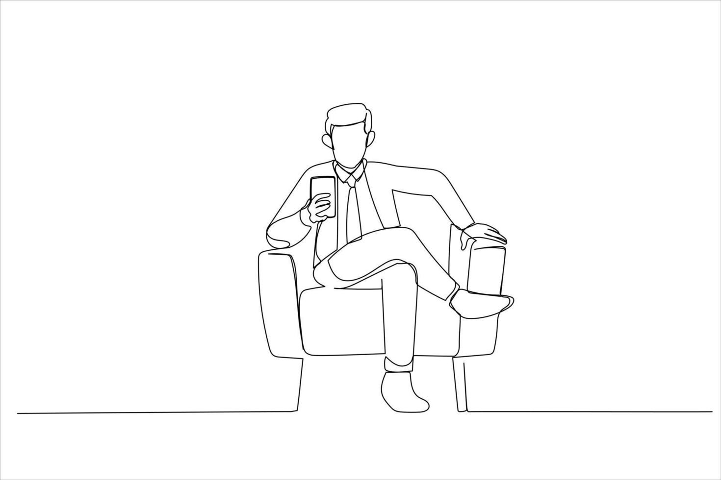 ilustración de un hombre que usa un teléfono inteligente que anuncia una nueva aplicación móvil, envía mensajes de texto en línea sentado en un sillón. estilo de arte de una línea vector