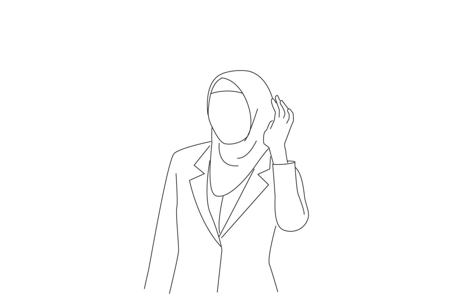 caricatura de una mujer de negocios musulmana asiática sostiene su mano cerca de su oído, escuchando, escuchando a escondidas. estilo de arte de línea continua única vector