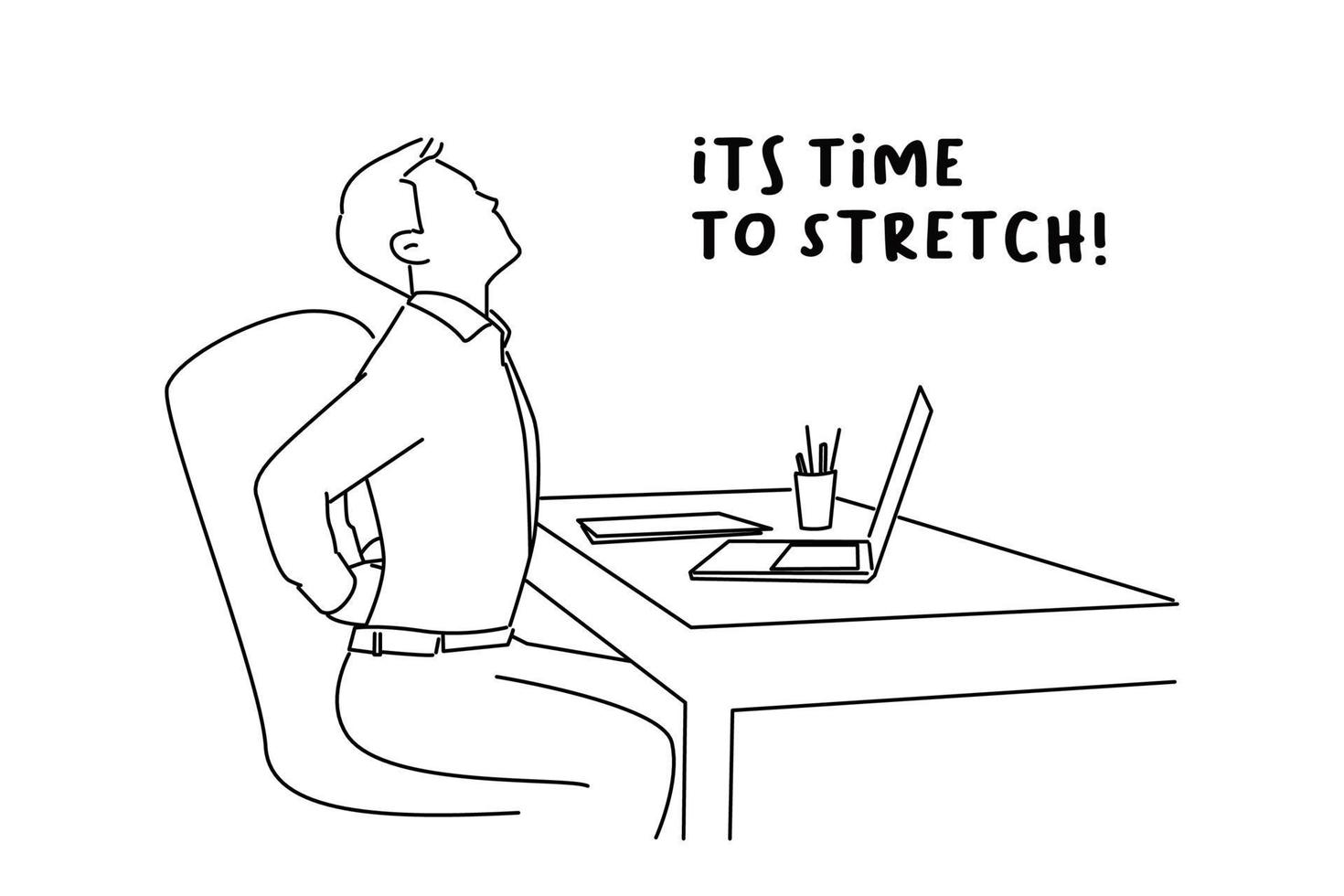 Cartoon of tired office worker stretch in chair suffer from sitting long in incorrect posture. line art style vector