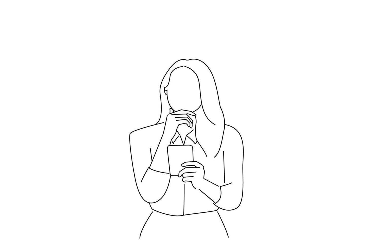 Cartoon of pensive businesswoman using mobile phone and looking away. Oneline art drawing style vector