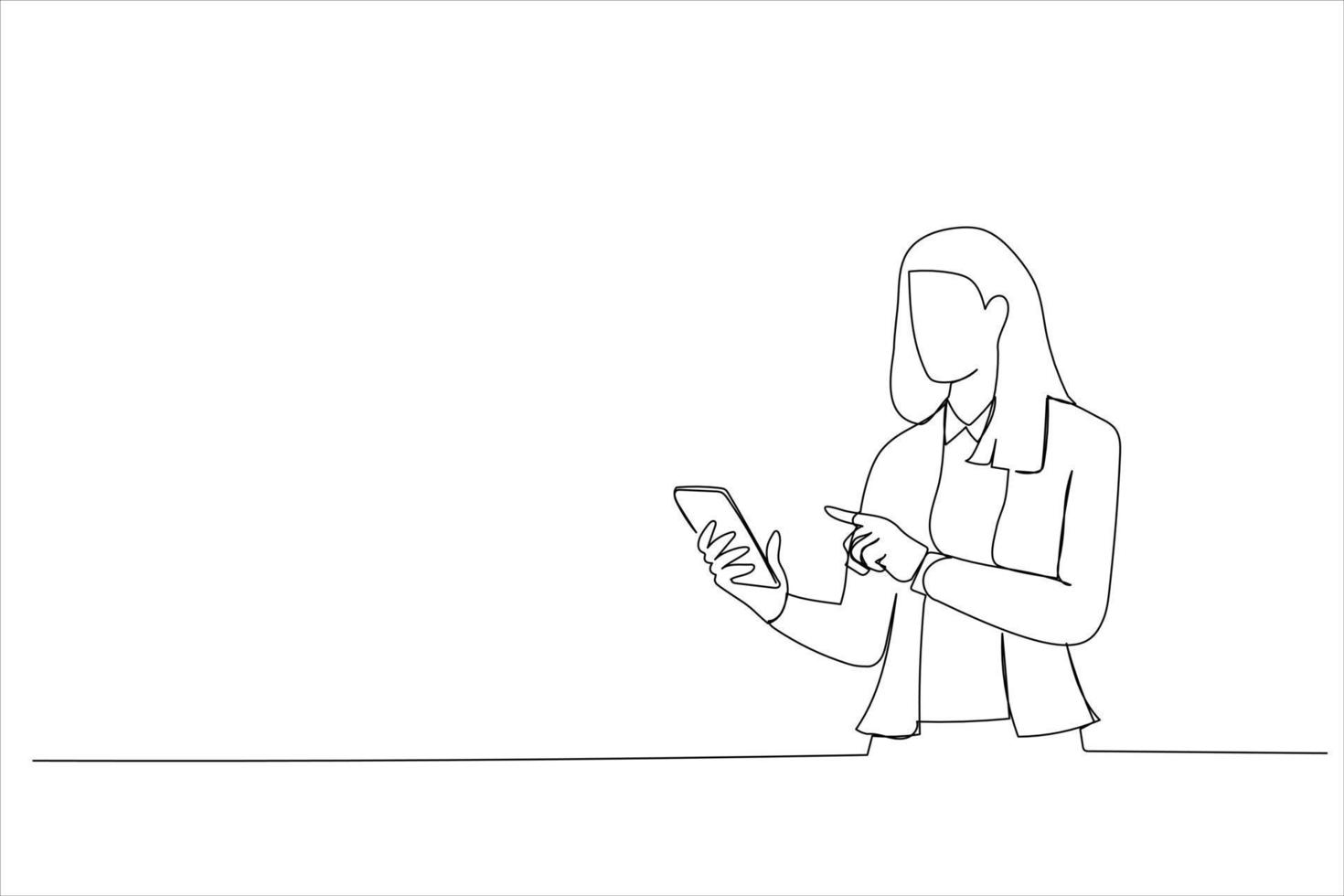 Illustration of woman standing using a mobile phone. One line art style vector