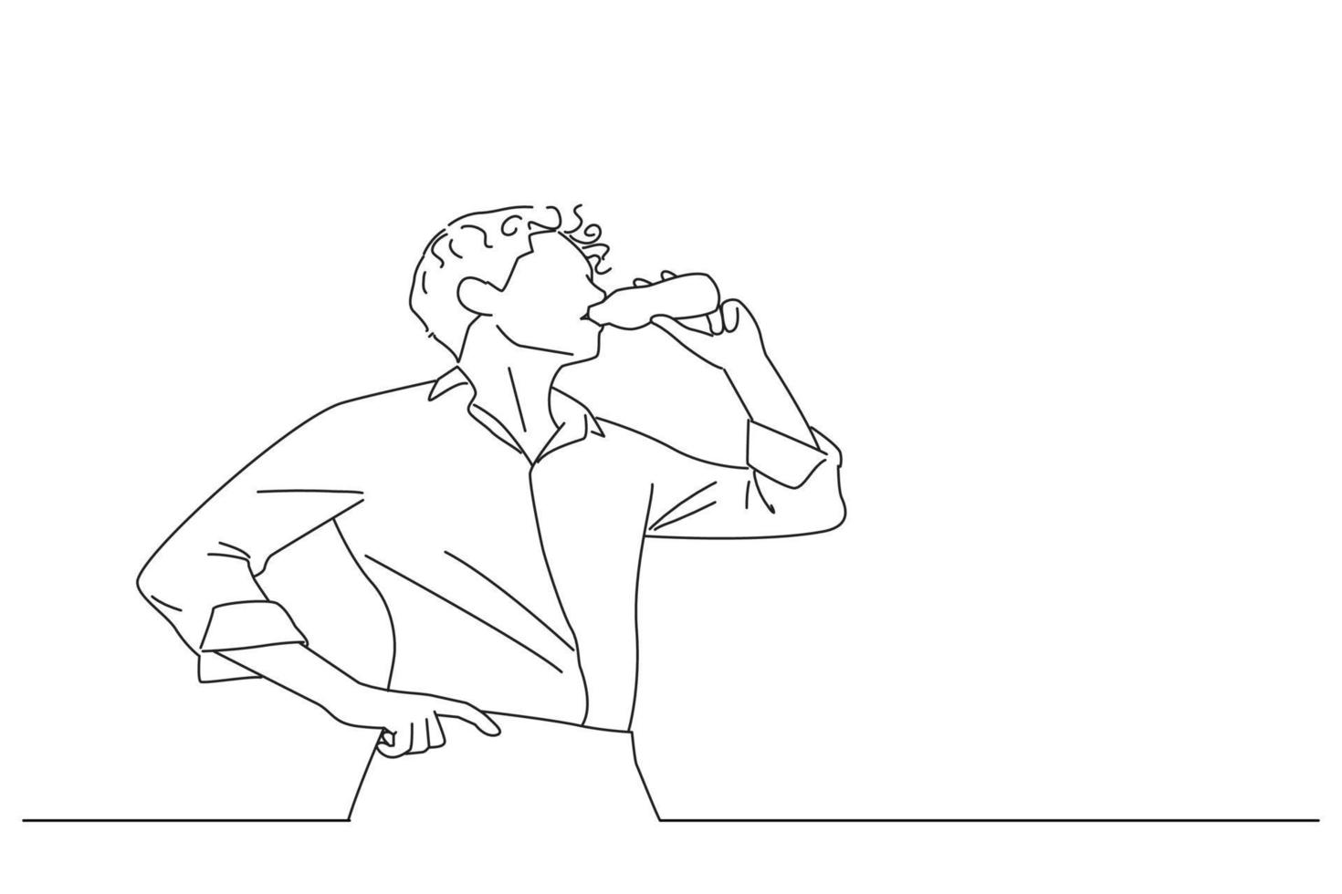 Illustration of young businessman leaning on an office building glass window drinking from a bottle of mineral water. Line art style vector