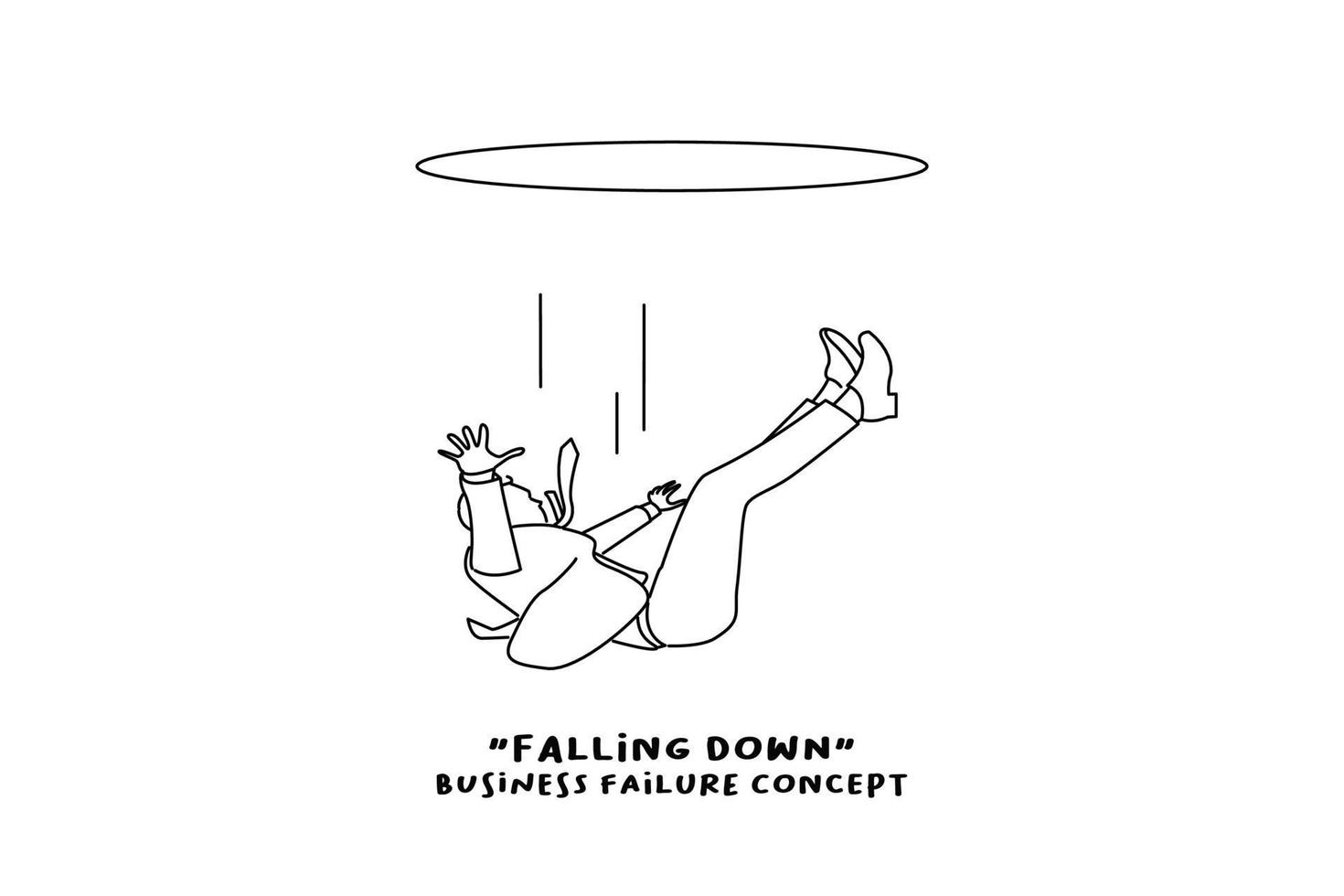 Drawing of businessman falling down from a hole. Concept of downfall. line art style vector