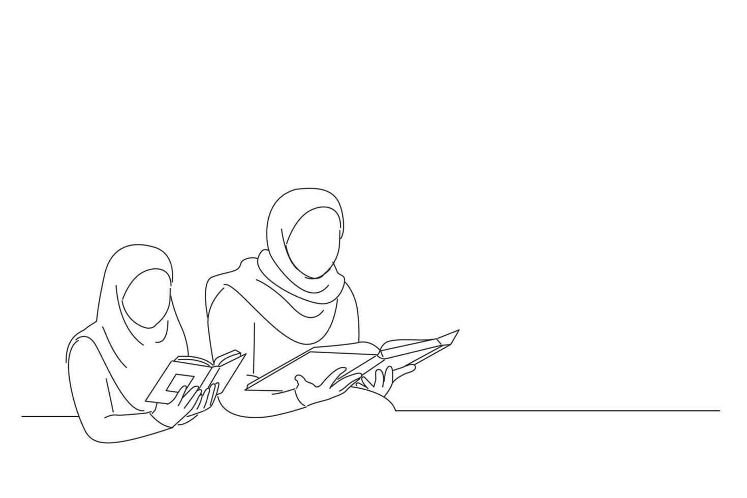 Cartoon of muslim mother and daughter with a headscarf read the Quran together. Line art style vector