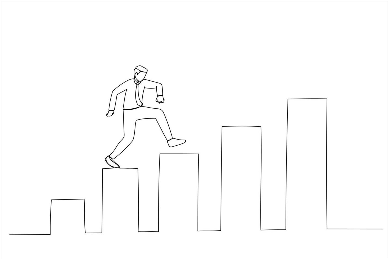 Illustration of confidence businessman step walking up stair of success with rising up arrow. Improvement or career growth. One line style art vector