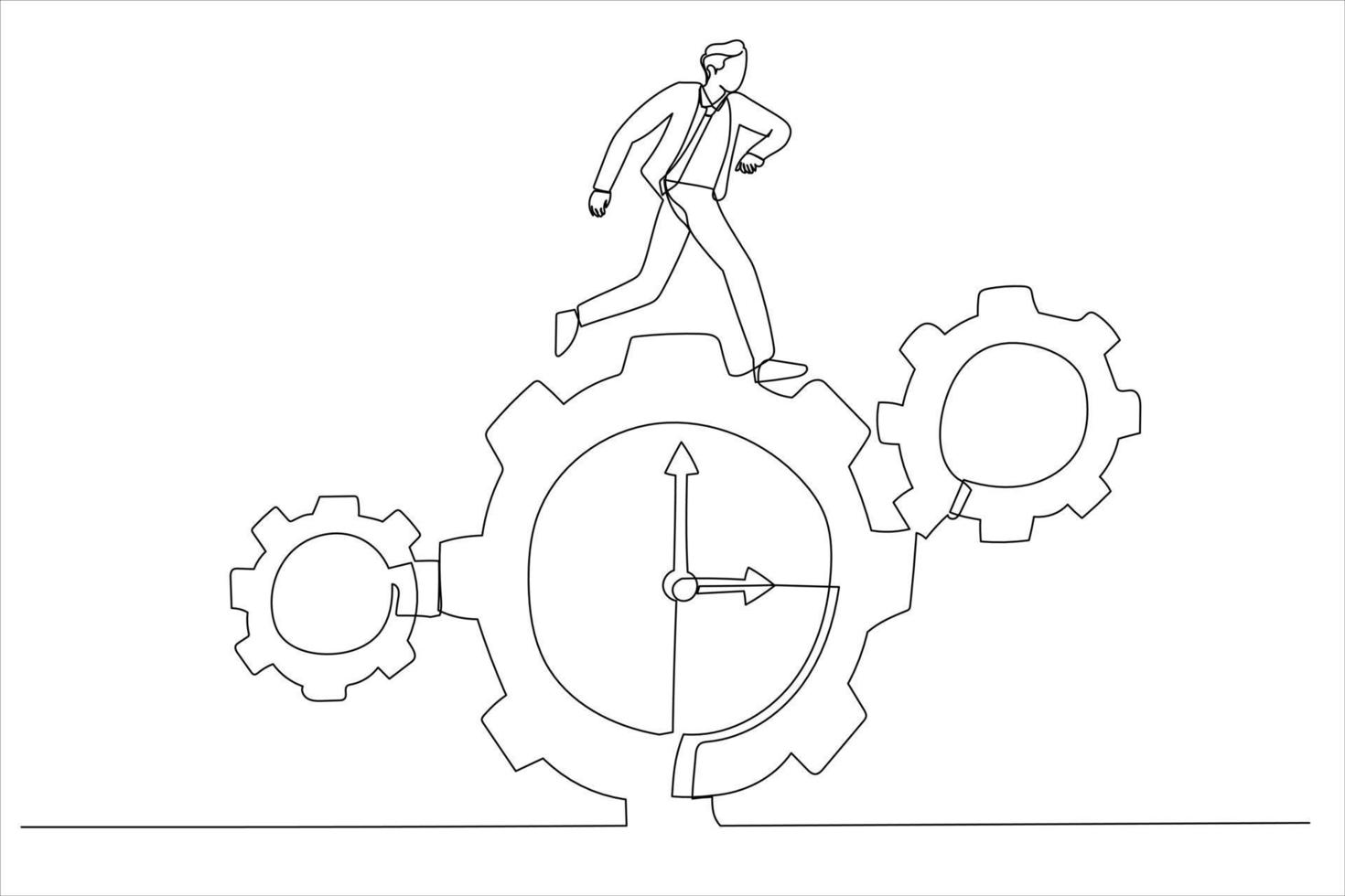 Illustration of businessman run along gear in form of clock. Time control concept. One line art style vector