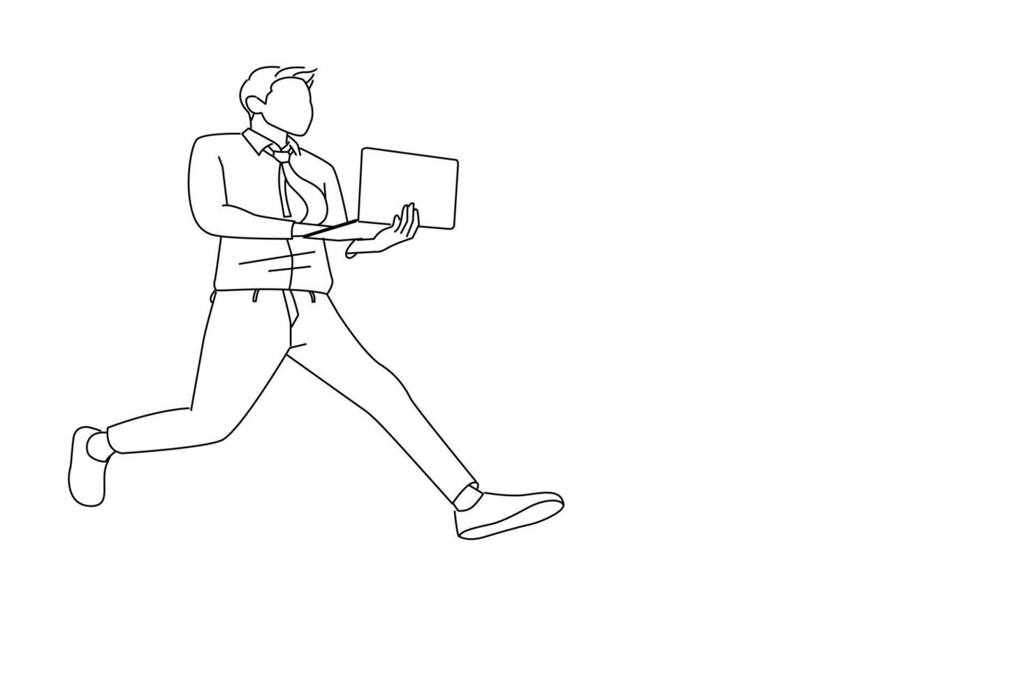 Cartoon of businessmaan jump hold computer run fast isolated white background. One line art vector