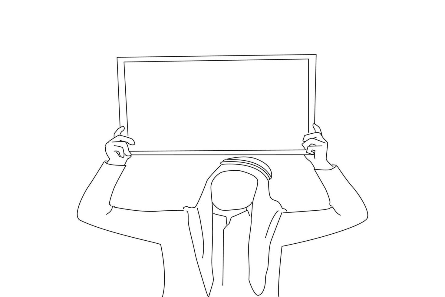 Cartoon of young arab businessman holding blank board above his head isolated. One line art vector