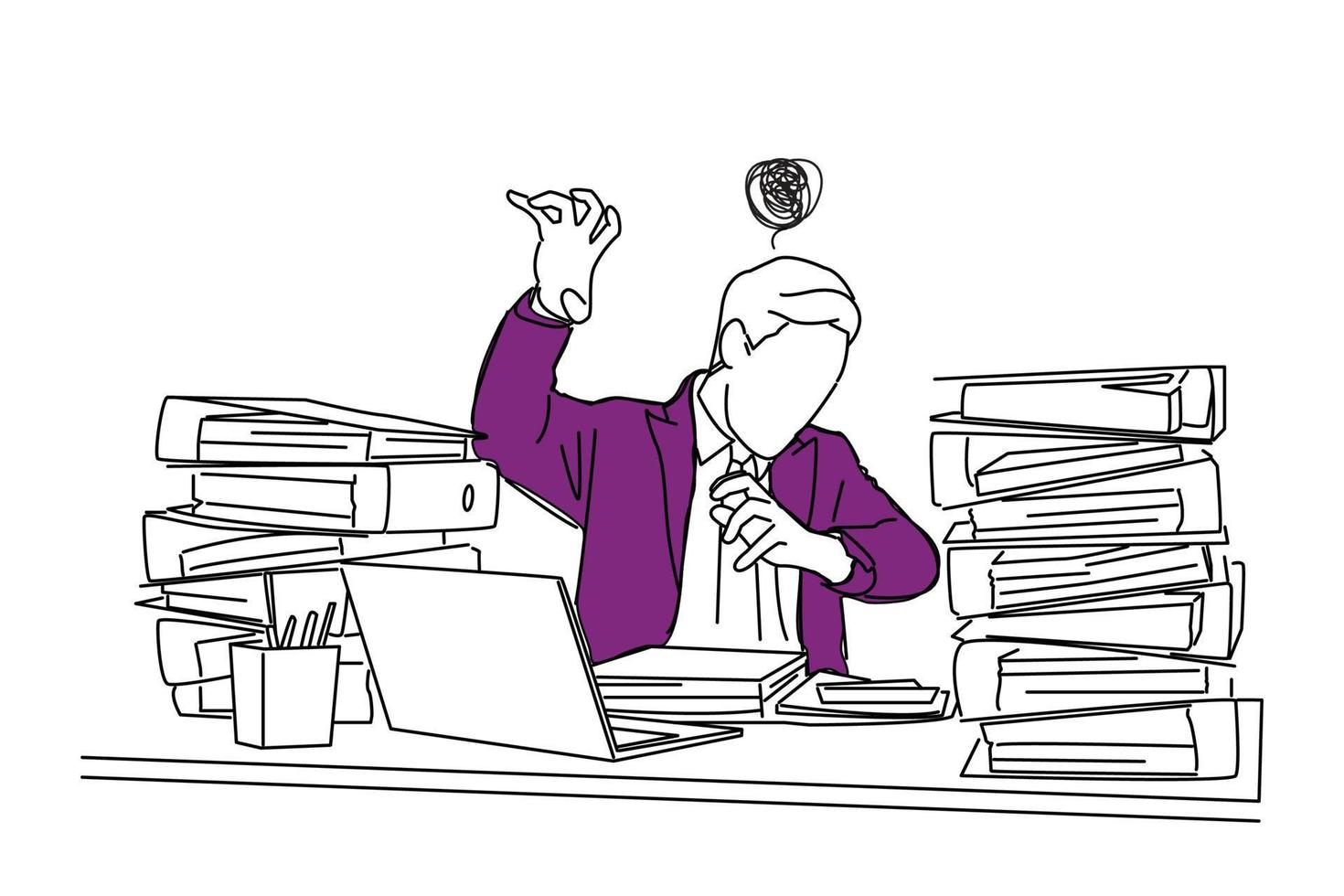 Illustration of busy businessman under stress due to overwork. One line style art vector
