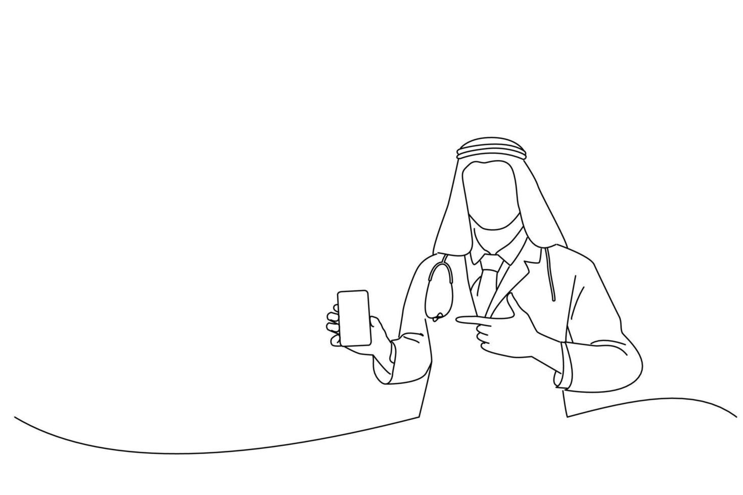 Cartoon of Arabian Doctor Man Showing Cellphone Empty Screen Standing Pointing Finger At Smartphone. Oneline art drawing style vector