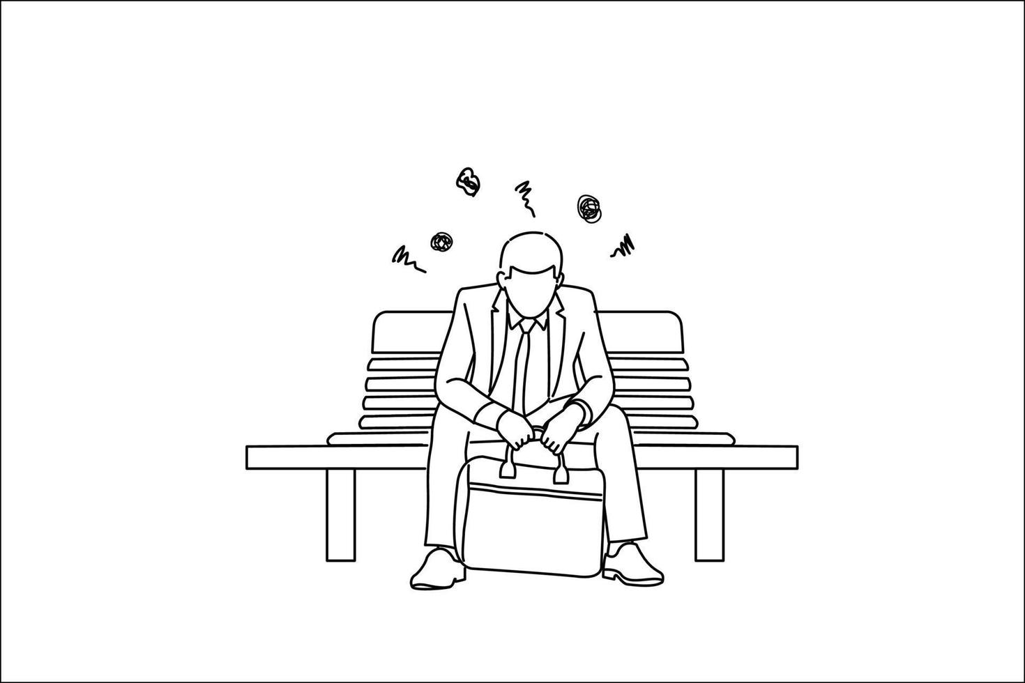 Cartoon of young businessman feel stressed, worry and disappoint during working. Single continuous line art style vector