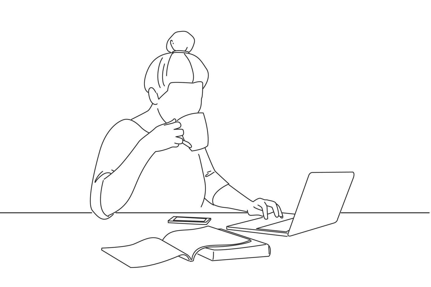 Drawing of beautiful casual woman sitting at office desk enjoying her cup of coffee while working or studying on laptop. Line art style vector