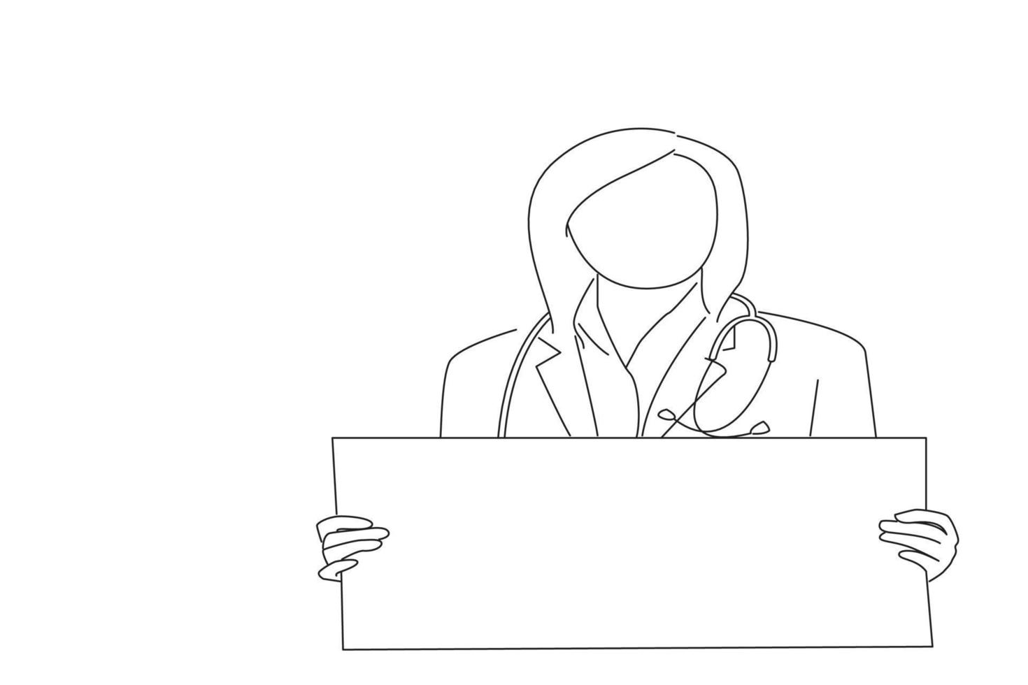 Drawing of young muslim female doctor showing signboard with copyspace for text or design, isolated over white background. Oneline art drawing style vector