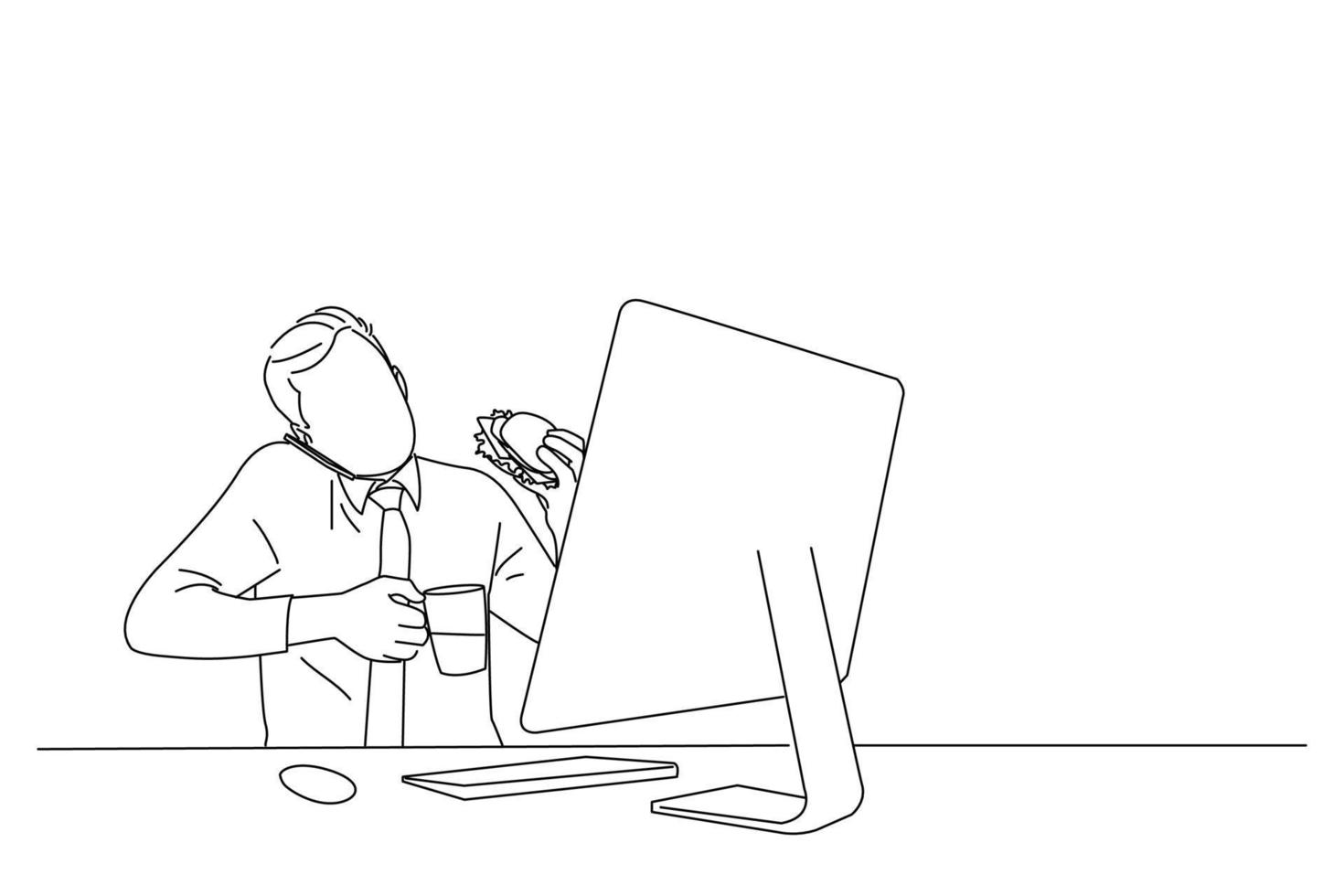 Cartoon of busy man at the office having coffee and burger. Line art style vector