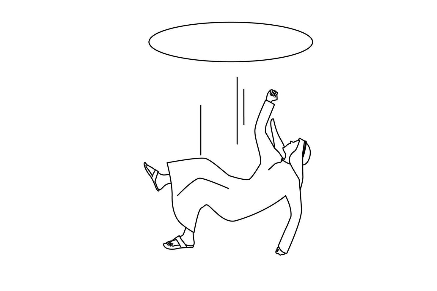 Drawing of arab businessman falling down from a hole. Concept of downfall. line art style vector