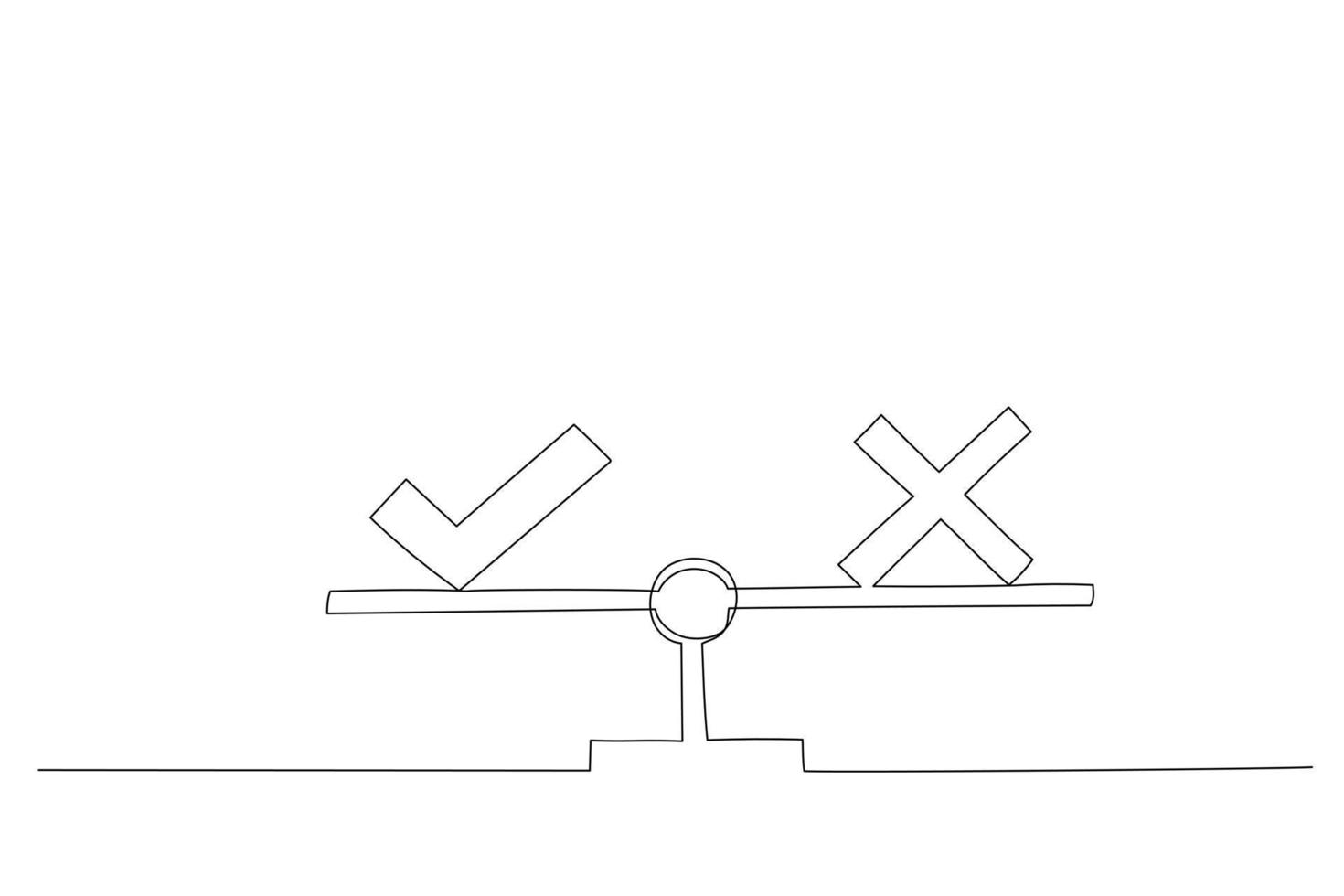 Cartoon of weight scales weighing cross and check mark. Choice, decision concept. Single continuous line art style vector