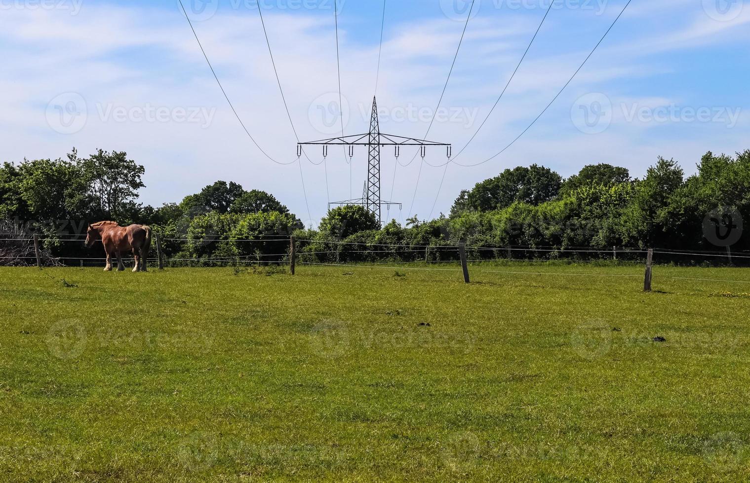 vista de torres eléctricas muy grandes con cables de alta tensión desde un coche en movimiento. foto
