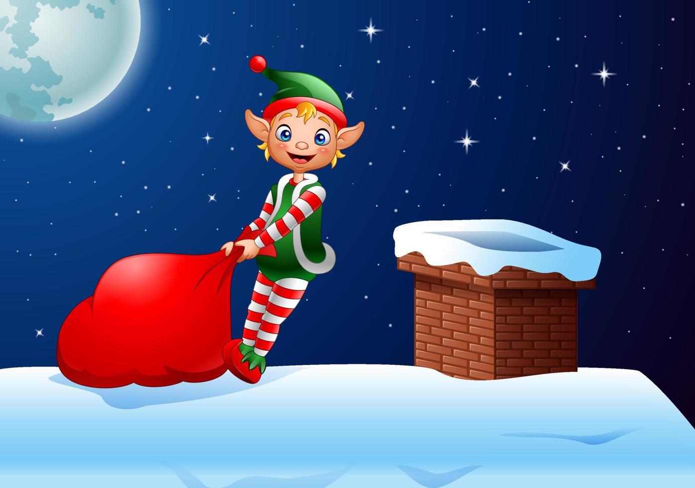 Cartoon elf pulling a bag full of gifts on the roof top vector