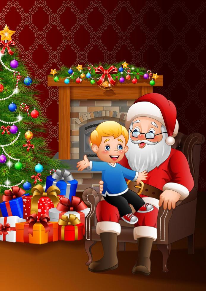 santa claus sentado con un niño lindo sobre fondo de navidad vector