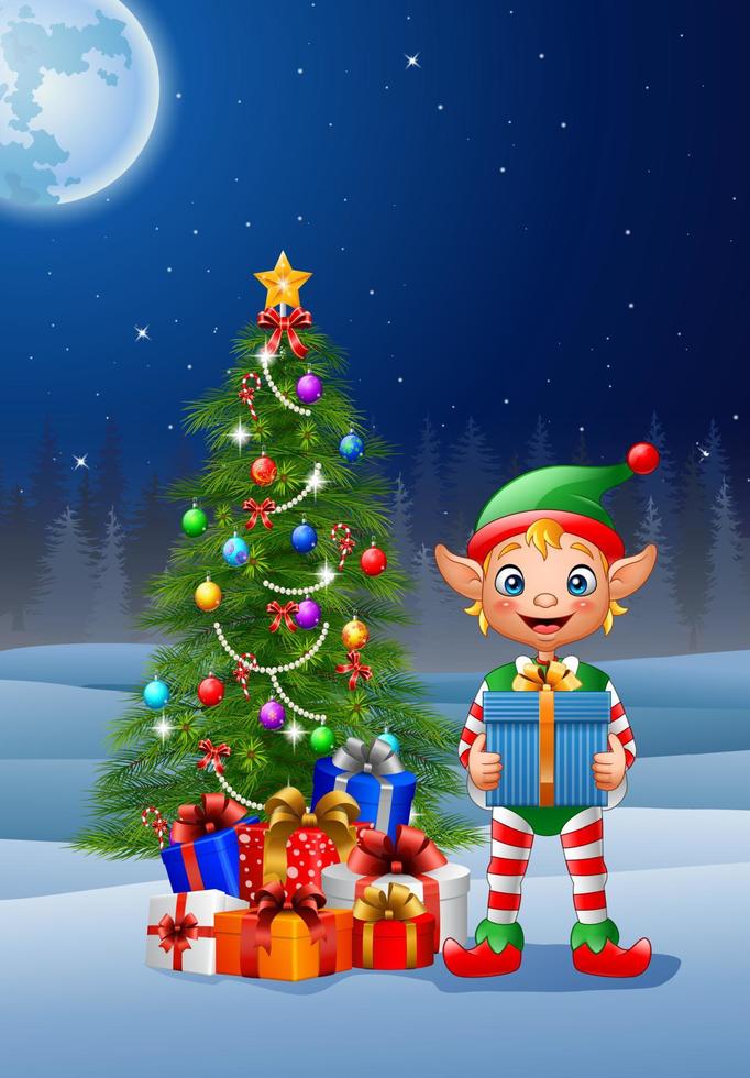 Christmas background with elf holding gift box vector