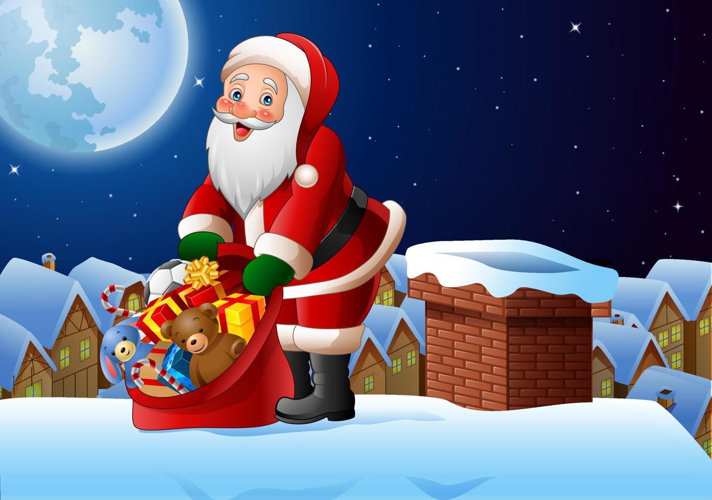 Cartoon Santa Clause holding bag of presents on the roof top vector