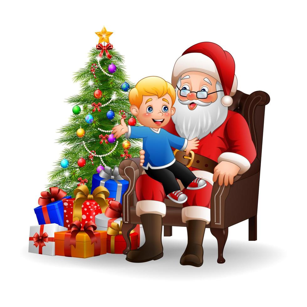 santa claus sentado con un niño lindo vector