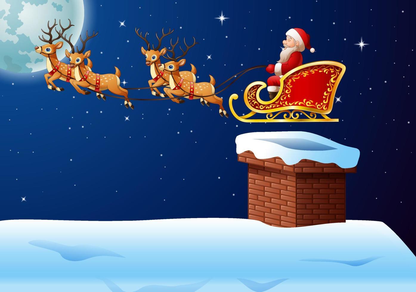 Santa Claus rides reindeer sleigh against a full moon background vector