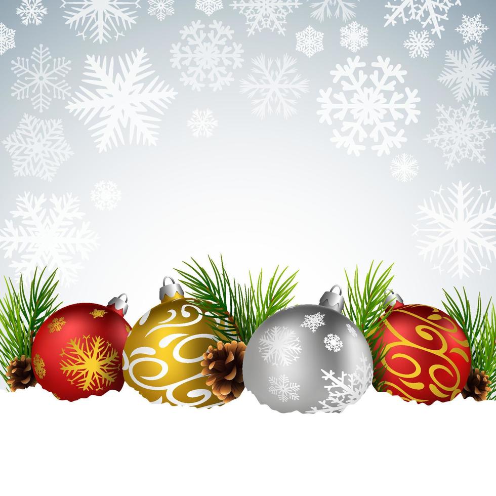 bolas de navidad con regalo, abeto y cono de pino en la nieve vector