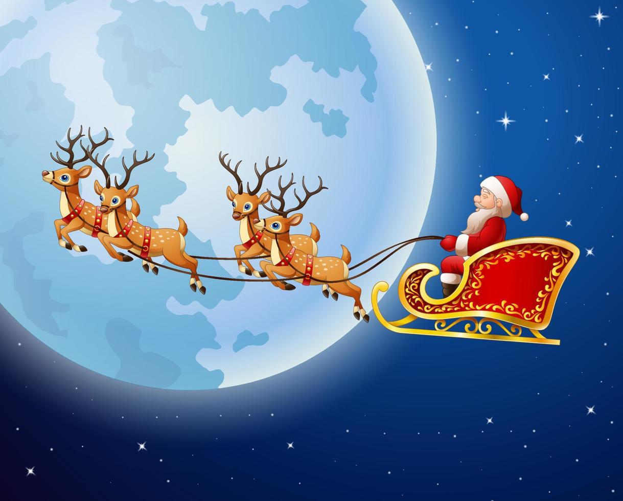 Santa Claus rides reindeer sleigh against a full moon background vector