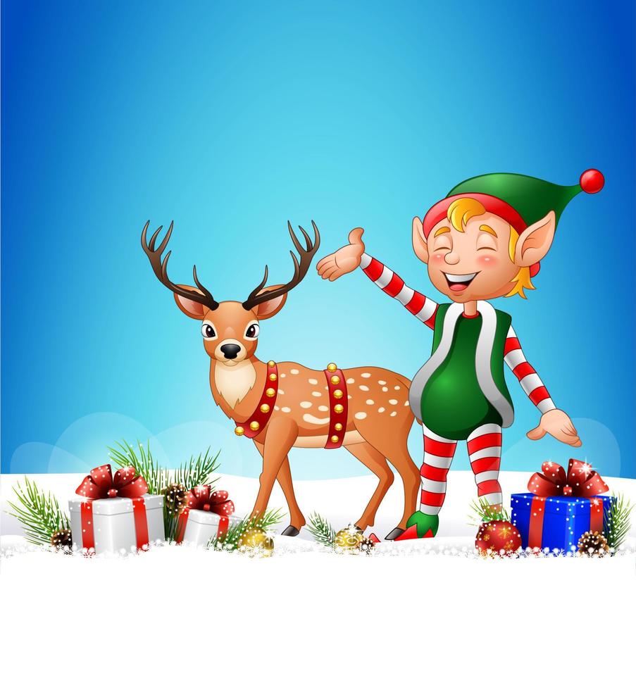 Cartoon funny elf with deer and gift boxes vector