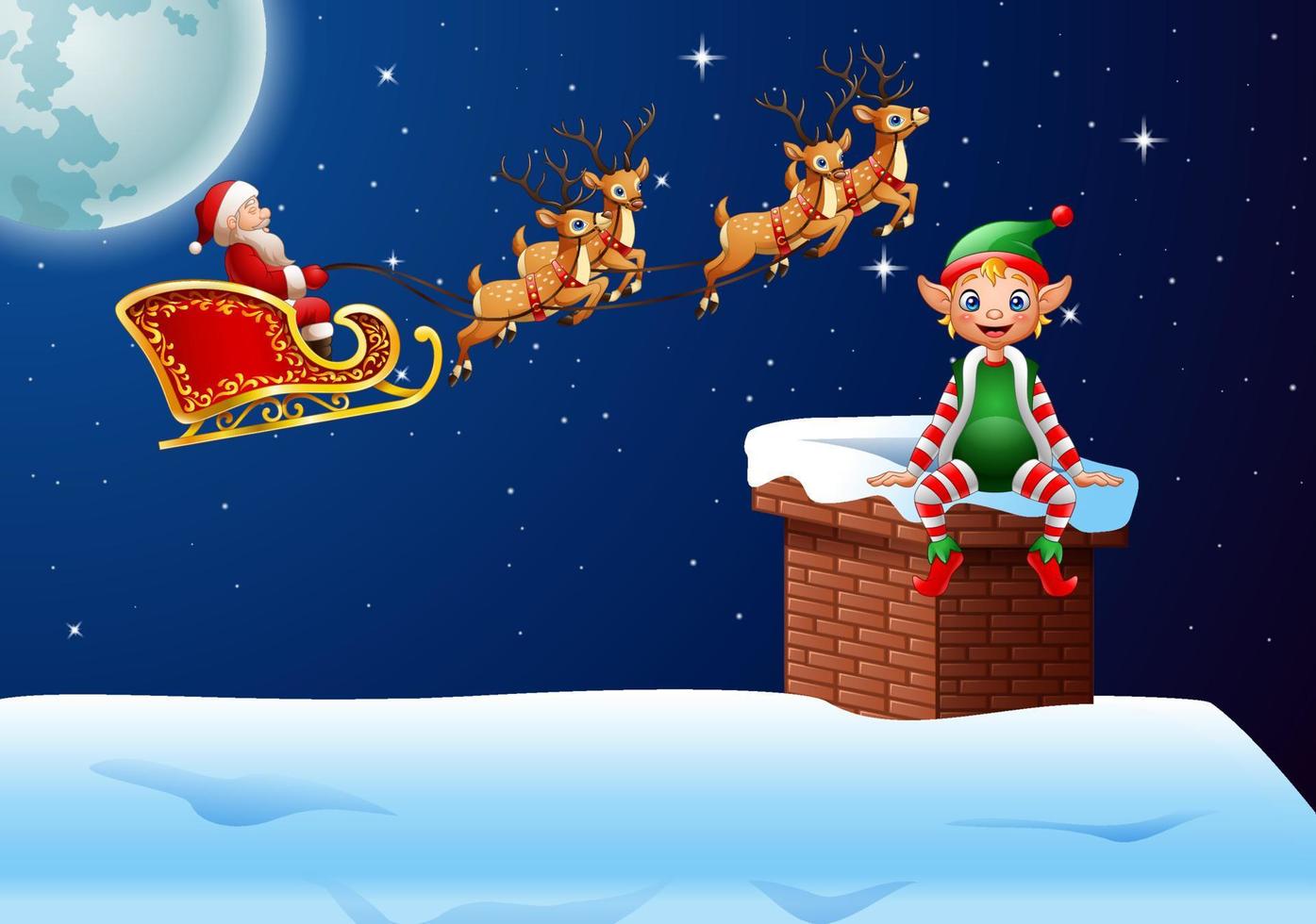 Santa Clause riding his reindeer sleight with little elf vector