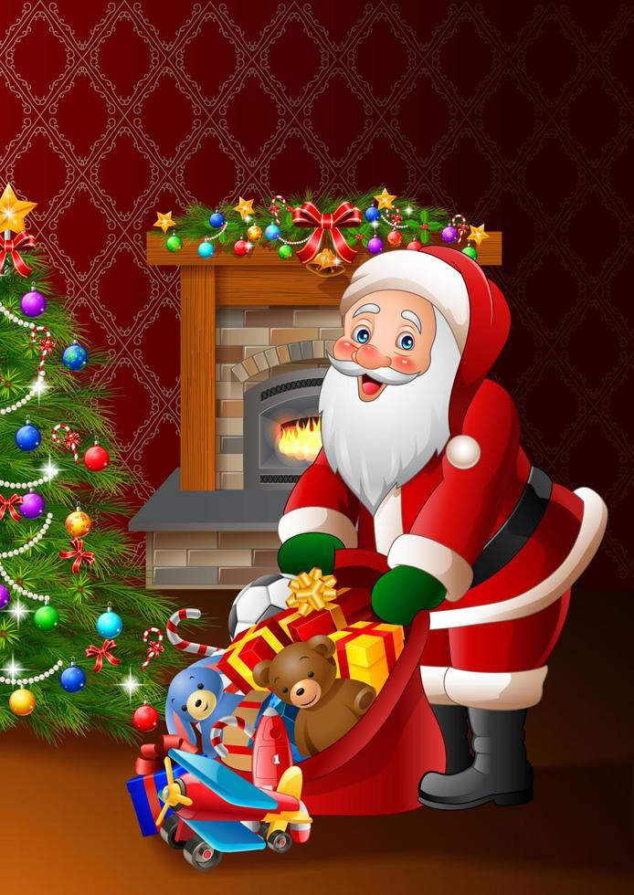 Cartoon Santa Claus holding bag of presents vector