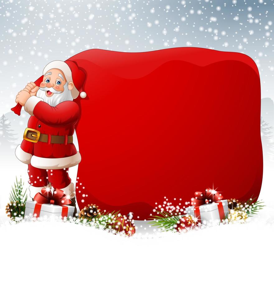 Christmas background with Santa pulling a huge bag vector