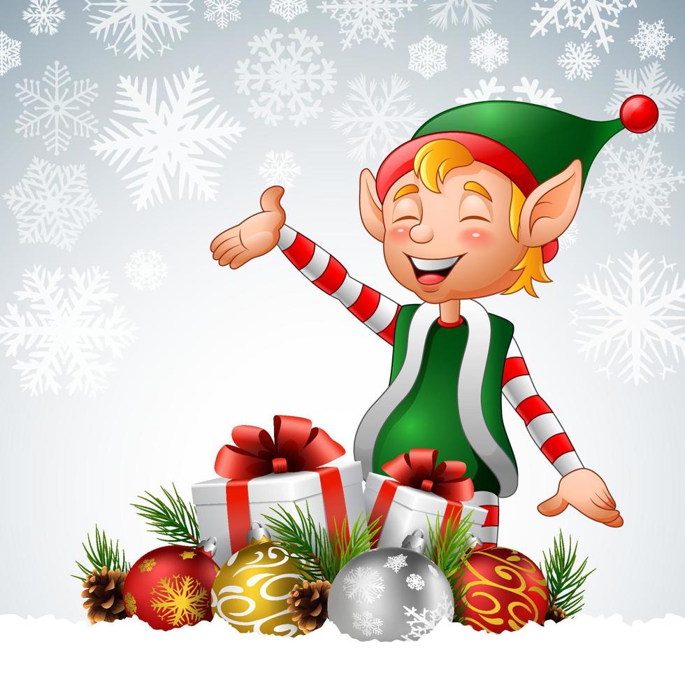 duende navideño de dibujos animados con cajas de regalo y bolas en la nieve vector