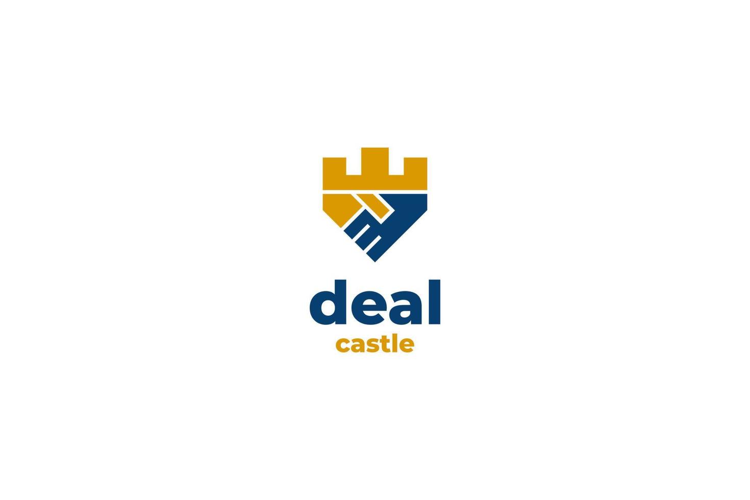 Flat handshake logo with castle icon vector design illustration idea