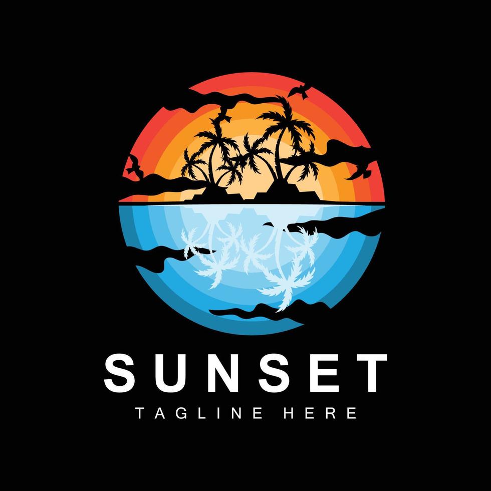 Sunset Beach Logo Design, Seascape Illustration, Red Day Vacation Spot Vector