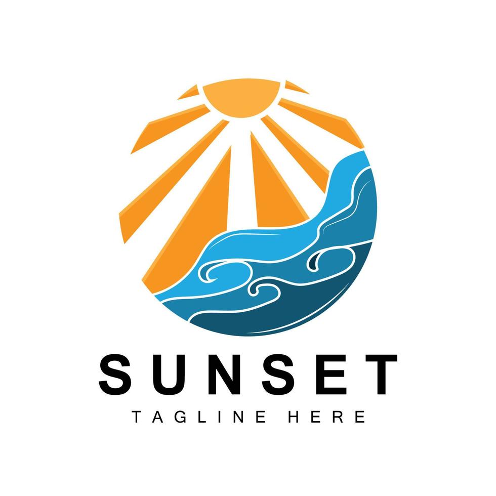 Sunset Beach Logo Design, Seascape Illustration, Red Day Vacation Spot Vector