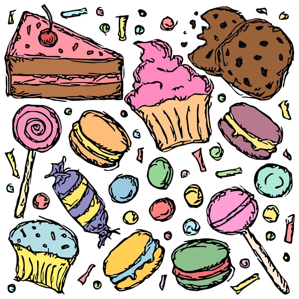 Sweets and candy icons. Sweets background. Doodle vector illustration with sweets and candy