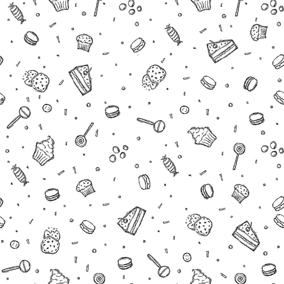 patrón de caramelo sin costuras. dulces y dulces de fondo. garabato, vector, ilustración, con, dulces, y, caramelo, iconos vector