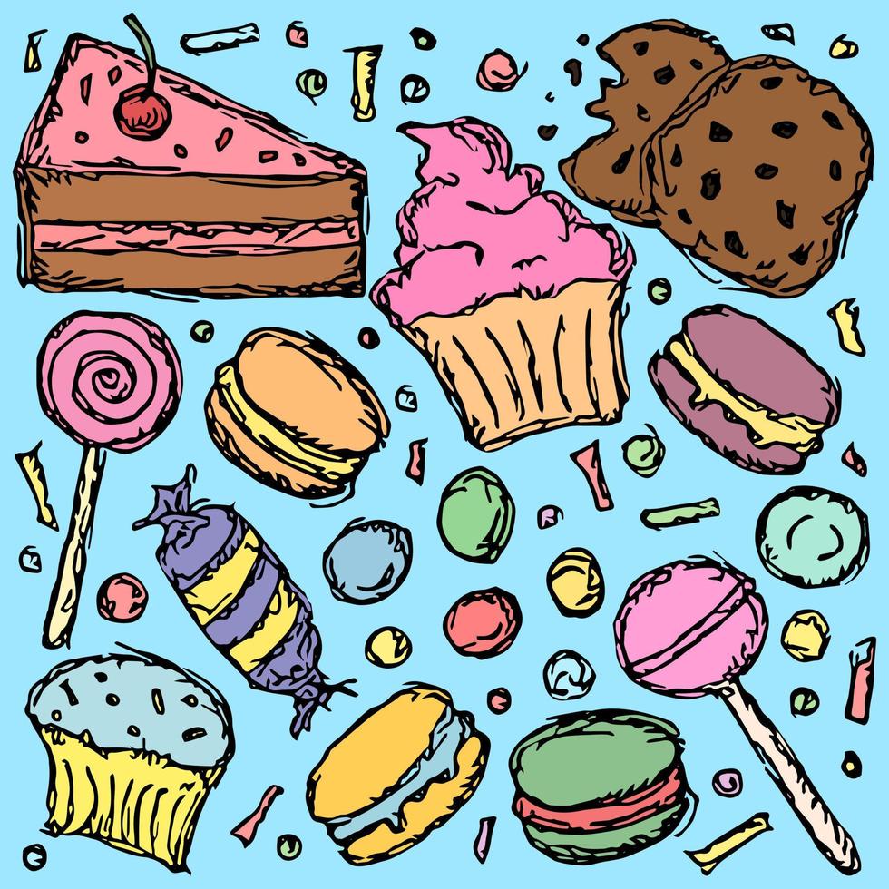 Sweets and candy icons. Sweets background. Doodle vector illustration with sweets and candy