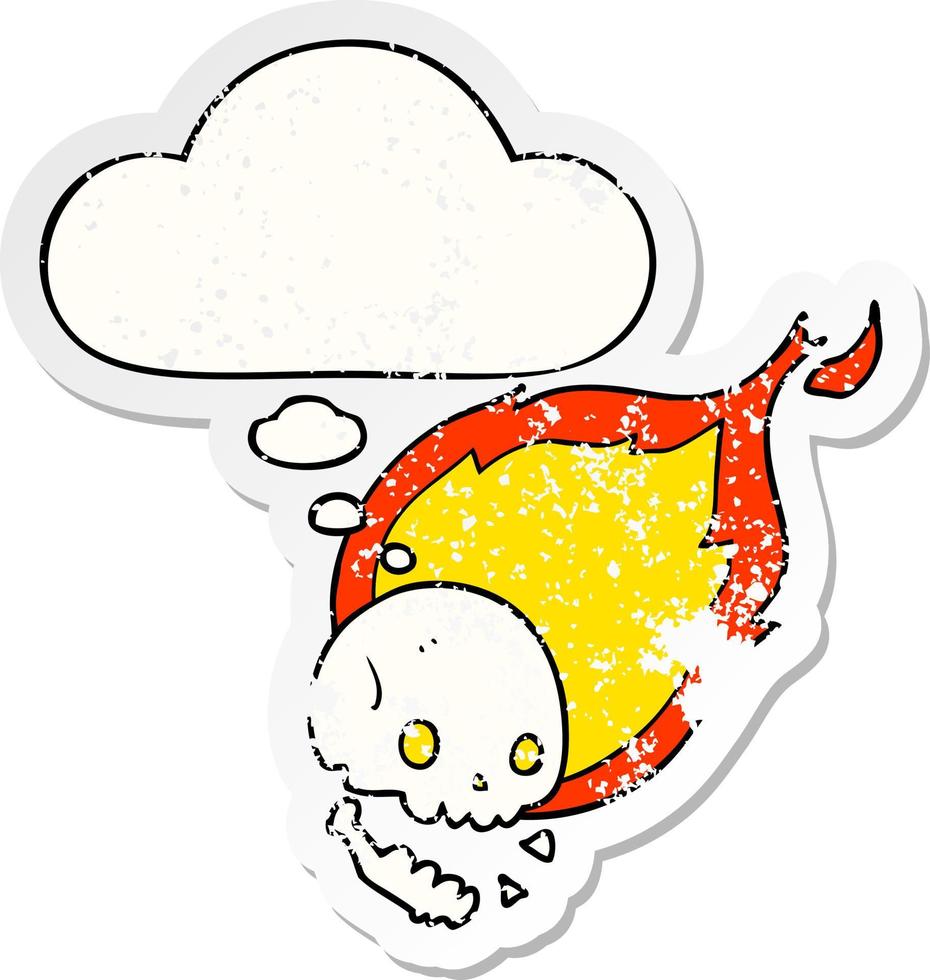 spooky cartoon flaming skull and thought bubble as a distressed worn sticker vector