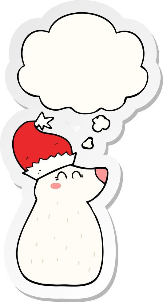 cartoon bear wearing christmas hat and thought bubble as a printed sticker vector