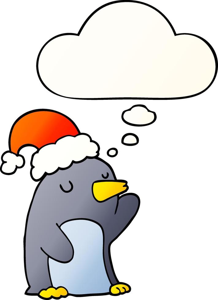 cute cartoon christmas penguin and thought bubble in smooth gradient style vector