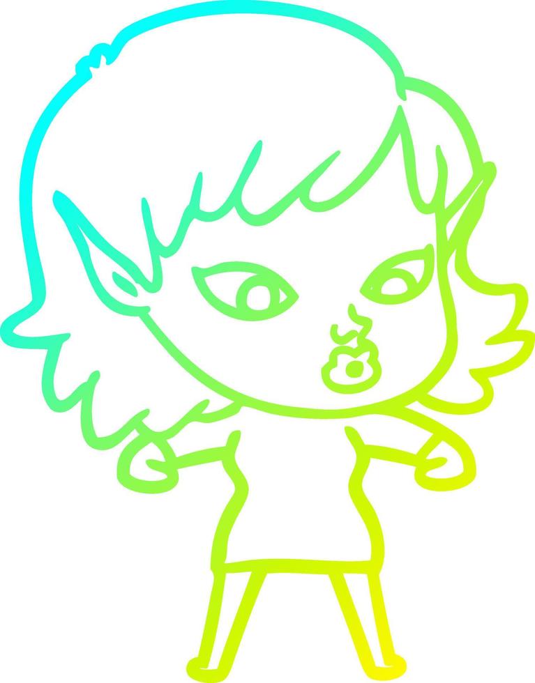 cold gradient line drawing pretty cartoon elf girl vector