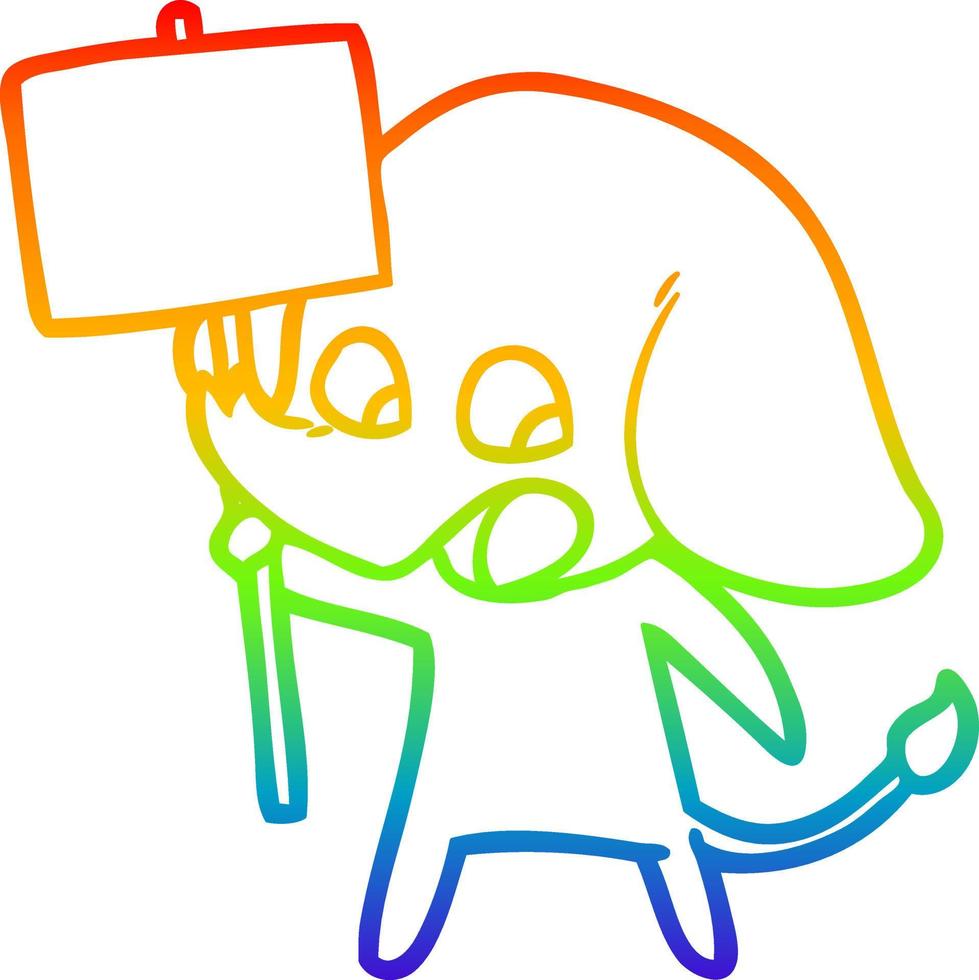 rainbow gradient line drawing cute cartoon elephant holding placard vector