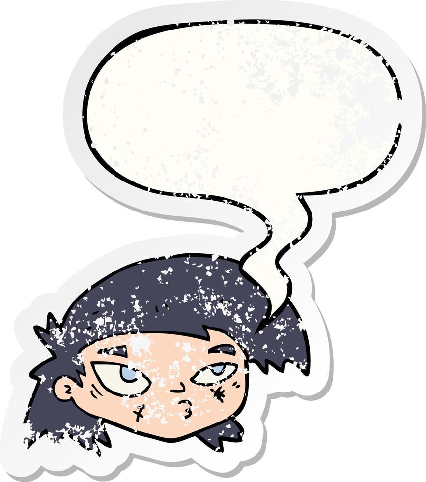 cartoon scratched up face and speech bubble distressed sticker vector