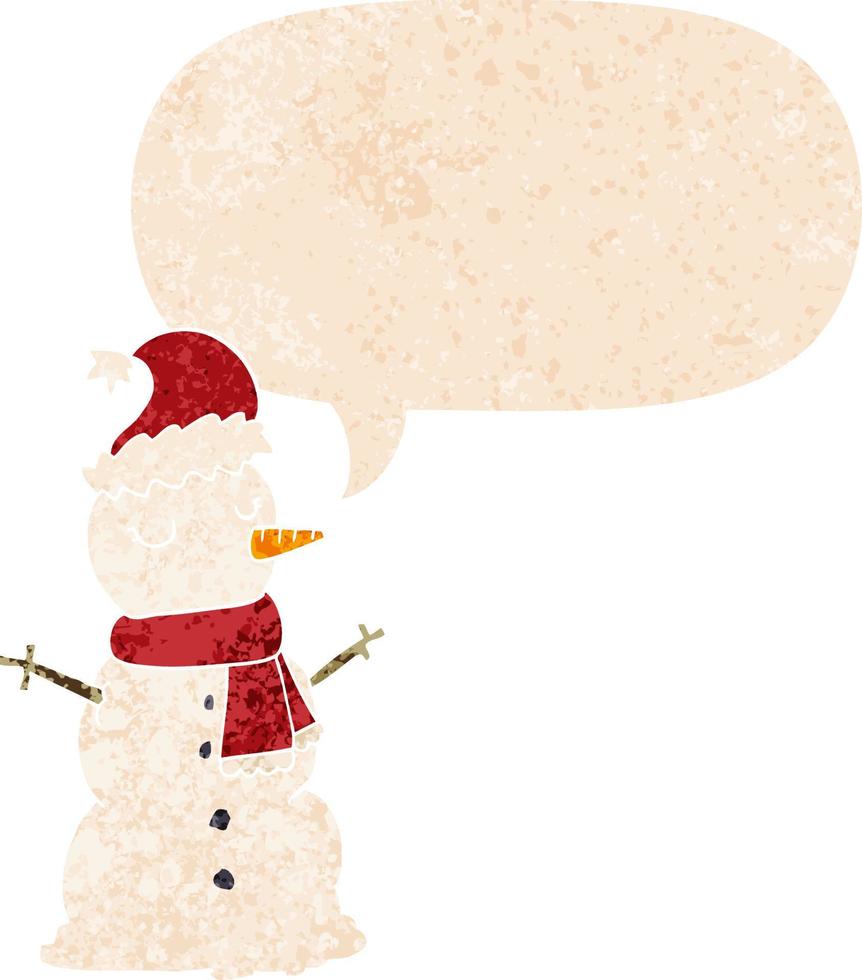 cartoon snowman and speech bubble in retro textured style vector